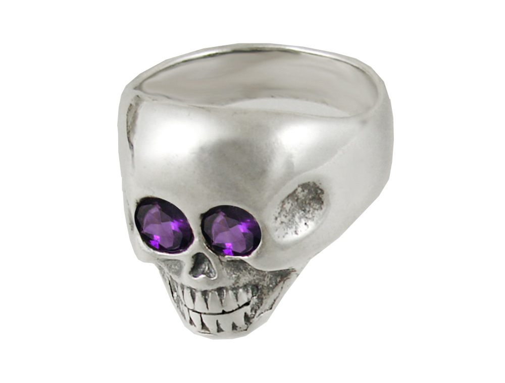 Sterling Silver Skull Face Ring With Faceted Amethyst Eyes Size 9